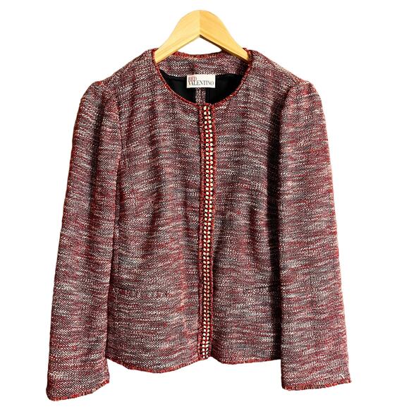 RED VALENTINO Red Tweed Blazer Jacket Snap Front Metallic Giacca ITALY 46 8 EUC